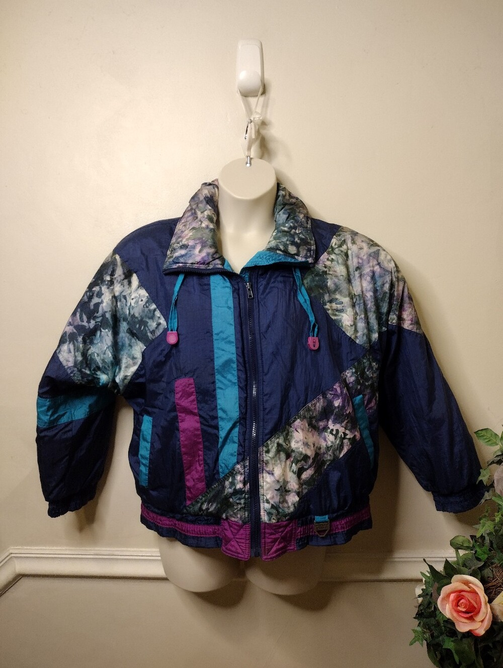 Vintage 1980's Otello Pelle Navy, Teal & Purple Nylon Ski Jacket